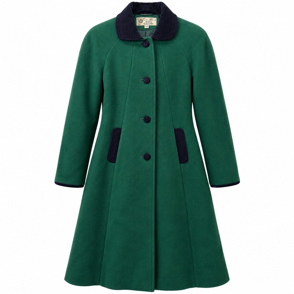 Vintage Young Gallery Women's Wool Swing Coat Green Navy Velveteen 12 Retro Chic